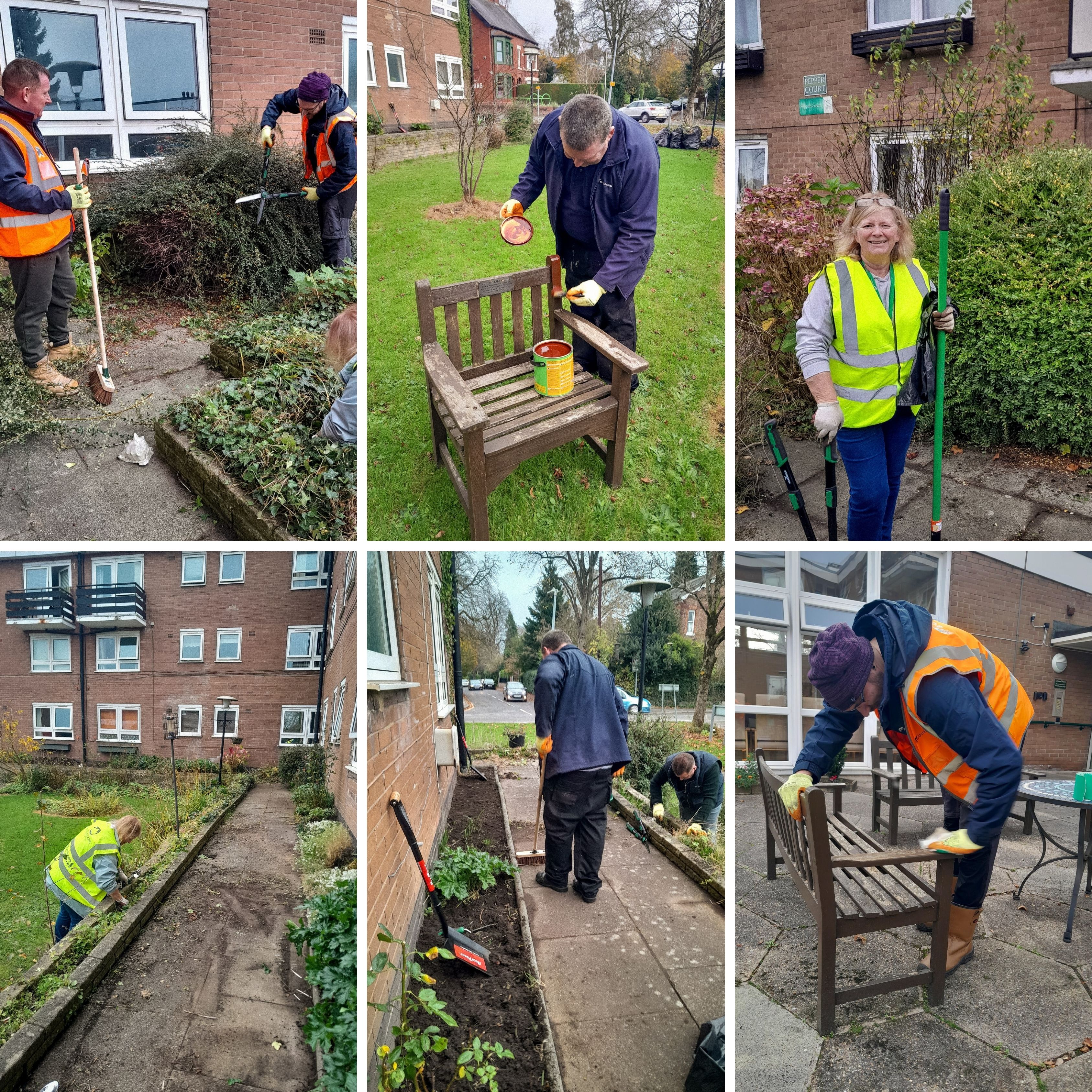 6 separate pictures of workers cleaning up the garden